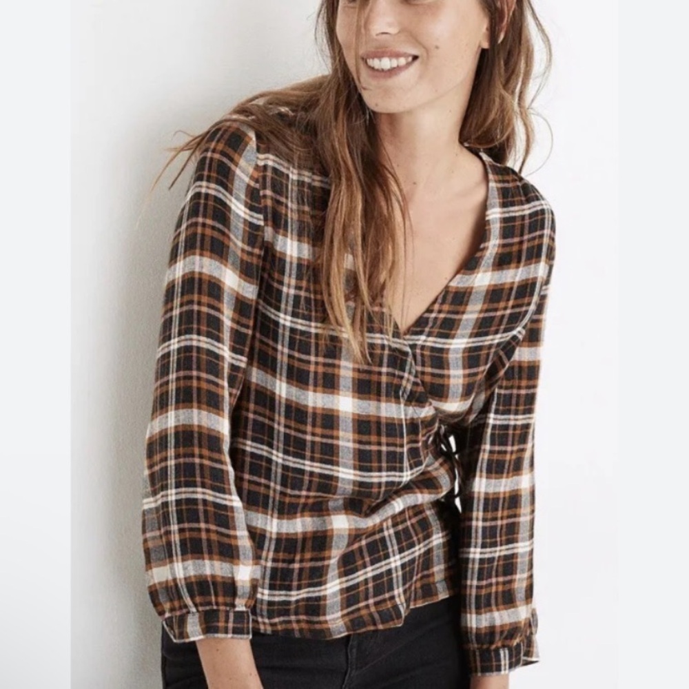Madewell Top Brown Plaid Wrap Tie V-neck 3/4 Sleeves Size XL